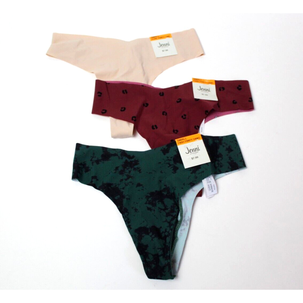 Lot of 3 Thong Small Panties Underwear Jenni Womens No Show Beige Green